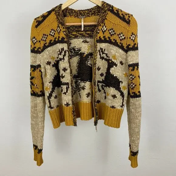 Free People Rudolph Cardigan - Golden Yellow & Tan - Size Small